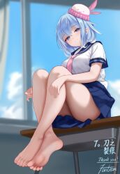 Rule 34 | 1girl, absurdres, bare legs, barefoot, blue eyes, blue hair, blue sailor collar, blue skirt, blurry, blurry background, blush, clothes pull, commentary request, commission, desk, fanteam, feet, from below, haiyi, highres, knees up, legs, legs up, light blue hair, looking at viewer, necktie, on desk, pink necktie, pleated skirt, sailor collar, school desk, school uniform, sitting, skirt, smile, soles, solo, synthesizer v, thank you, thighs, toes, undressing, vocaloid