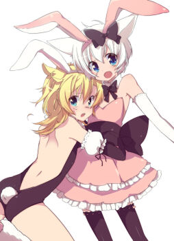 2girls animal_ears blonde_hair blue_eyes cat_ears dog_ears dress fake_animal_ears multiple_girls nakamura_sandayo original pantyhose playboy_bunny rabbit_ears ribbon white_hair
