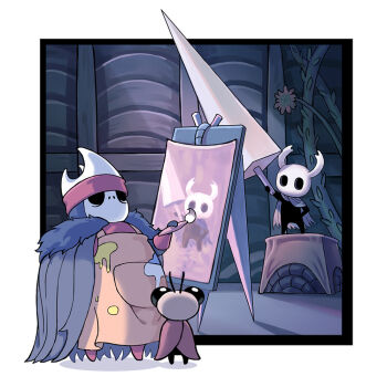 1other 2boys apron arthropod_boy bad_tag canvas_(object) commentary english_commentary fatlulu_(1008) hollow_knight huge_weapon knight_(hollow_knight) multiple_boys nail_(hollow_knight) paint_splatter painting_(action) sheo_(hollow_knight) sly_(hollow_knight) standing weapon