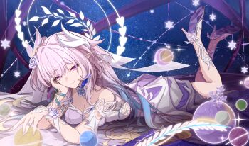 1girl absurdres armlet bare_shoulders blue_hair breasts cleavage closed_mouth commentary_request cyrene_(honkai:_star_rail) cyrene_(ripples_of_past_reverie)_(honkai:_star_rail) dress fingernails flower gradient_hair hair_flower hair_ornament halo halo_behind_head head_rest high_heels highres honkai:_star_rail honkai_(series) jewelry large_breasts long_hair lying multicolored_hair mutsu_aya nail_polish on_stomach pink_hair pink_nails pointy_ears purple_eyes purple_flower purple_rose purple_shoes rose shoes sidelocks smile solo the_pose white_dress