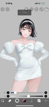 1girl alien_stage art_program_in_frame bare_shoulders black_hair bob_cut bow chest_bow closed_mouth collarbone commentary dress dress_bow earrings elbow_gloves english_commentary gloves hairband hands_on_own_hips highres ibispaint_(medium) jewelry juliet_sleeves long_sleeves pearl_earrings pencil_dress puffy_sleeves purple_eyes rem_(ivanwiege) screencap short_hair smile solo sua_(alien_stage) white_bow white_dress white_gloves white_hairband