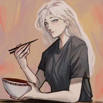 Rule 34 | 1girl, black shirt, bowl, chewing, chopsticks, elbow rest, food, grey eyes, highres, holding, holding bowl, holding chopsticks, logicsterrr, long hair, looking at viewer, nephis (shadow slave), noodles, ramen, shadow slave, shirt, solo, t-shirt, upper body, white hair