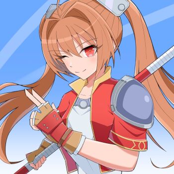 1girl ahoge antenna_hair armor bo_staff breasts brown_gloves brown_hair closed_mouth commentary cropped_jacket double-parted_bangs eiyuu_densetsu english_commentary estelle_bright fingerless_gloves floating_hair gloves gradient_background hair_between_eyes hair_intakes highres holding holding_staff holding_weapon kaishain_ichigo long_hair looking_at_viewer one_eye_closed pauldrons shoulder_armor simple_background single_pauldron small_breasts smile solo sora_no_kiseki staff twintails upper_body weapon