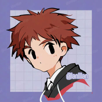 Rule 34 | 1boy, alternate costume, black eyes, brown hair, close-up, digimon, digimon adventure, izumi koshiro, lanlllan, male focus, purple background, short hair, simple background, solo
