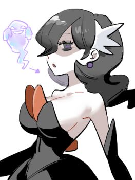 1girl @_@ alternate_color bare_shoulders black_dress black_gloves black_hair breasts cleavage collarbone cosplay dress earrings elbow_gloves gardevoir gen_3_pokemon gloves hair_between_eyes hair_ornament hex_maniac_(pokemon) hex_maniac_(pokemon_legends:_z-a) jewelry large_breasts large_earrings long_hair lowres mega_gardevoir mega_gardevoir_(cosplay) mega_pokemon nintendo pokemon pokemon_legends:_z-a pokemon_tower_ghost purple_eyes raine_(acke2445) shiny_pokemon sphere_earrings strapless strapless_dress upper_body