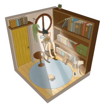 1girl aoi-0122 arm_support black_hair black_shorts book bookshelf chair closed_mouth coffee_mug commentary_request cup diorama door electric_fan full_body hair_bun hand_up hanging_plant highres holding holding_book indoors knees_up light_rays mug on_chair open_book original plant potted_plant reading rocking_chair rug shelf shirt short_shorts shorts simple_background single_hair_bun sitting sleeveless sleeveless_shirt smile solo split_mouth stuffed_animal stuffed_toy table teddy_bear white_background white_shirt window wooden_chair wooden_floor