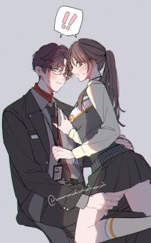 Rule 34 | !, !!, 1boy, 1girl, blush, collared shirt, commentary request, cowboy shot, glasses, grey background, hand on another's chest, hand on another's thigh, highres, lanyard, layered clothes, looking at viewer, love and deepspace, mmmuimuimui, necktie, open mouth, parted bangs, ponytail, protagonist (love and deepspace), purple hair, rafayel (love and deepspace), shirt, skirt, socks, speech bubble, sweat, sweatdrop, teeth, turtleneck, watermark