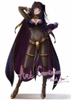 1girl adjusting_hair arm_up black_bridal_gauntlets black_eyes black_hair blunt_bangs blush bodystocking book bracelet breasts bridal_gauntlets cape circlet cleavage closed_mouth commentary covered_navel english_commentary fire_emblem fire_emblem_awakening full_body highres holding holding_book jewelry large_breasts legs long_hair looking_at_viewer nintendo ponii simple_background skin_tight smile solo tharja_(fire_emblem) tiara two_side_up white_background