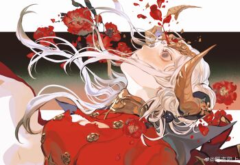 Rule 34 | 1girl, absurdres, alternate body fluid, breasts, cape, chinese commentary, cleavage, commentary request, double bun, dress, edelgard von hresvelg, edelgard von hresvelg (timeskip), fake horns, fire emblem, fire emblem: three houses, flower, gold headwear, hair bun, headshot, highres, horned headwear, horns, large breasts, looking up, mimulishizi, nintendo, purple eyes, red dress, red flower, solo, torn clothes, torn dress, watermark, weibo watermark, white hair