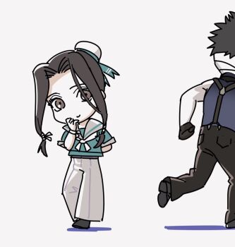 Rule 34 | 2boys, alternate costume, androgynous, aqua shirt, arm behind back, black eyes, black gloves, black hair, gloves, grey pants, haku (naruto), hat, highres, long hair, low-tied long hair, male focus, mini hat, momochi zabuza, multiple boys, naruto (classic), naruto (series), o hqfu, pants, sailor collar, sailor hat, sailor shirt, shirt, suspenders, wristband