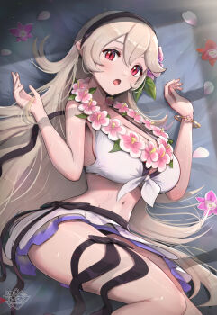 1girl absurdres bikini bikini_skirt black_hairband blonde_hair blush breasts cleavage female_corrin_(fire_emblem) female_corrin_(novice_vacationer)_(fire_emblem) fire_emblem fire_emblem_fates fire_emblem_heroes flower flower_necklace gonzarez hair_between_eyes hair_flower hair_ornament hairband highres jewelry large_breasts lei long_hair looking_at_viewer lying midriff navel necklace nintendo official_alternate_costume on_side open_mouth pointy_ears red_eyes slit_pupils solo sweatdrop swimsuit white_bikini