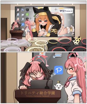 6+girls ^_^ absurdres ahoge animal_ears ass bad_tag beret black_hair black_hat black_shirt black_veil black_wings blonde_hair blue_archive blue_sailor_collar blush cat_ears cat_girl closed_eyes closed_mouth commentary_request computer facepalm half-closed_eyes halo hanako_(blue_archive) hand_on_own_face hat head_wings highres justice_task_force_member_(blue_archive) koharu_(blue_archive) laptop long_hair lylyly7777 mari_(blue_archive) meme microphone microskirt multiple_girls nervous_sweating no_panties nun open_mouth orange_hair peroro_(blue_archive) pink_hair pink_halo pixiv presentation_gone_wrong_(meme) puffy_short_sleeves puffy_sleeves red_halo sailor_collar school_uniform shaded_face shirt short_sleeves skirt smile sweat tea_party_militant_(blue_archive) translation_request trinity_student_(blue_archive) twitter veil very_long_hair very_sweaty white_hat white_sailor_collar white_shirt white_skirt wings yellow_halo