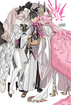 3girls akiraka_(n_l_m_g) animal_ear_hairband animal_ears black_bow black_eyes black_gloves black_hair black_shirt black_shoes boots bow bullet closed_eyes coat commentary crop_top double_bun double_fox_shadow_puppet dual_persona ear_piercing fake_animal_ears fate/grand_order fate_(series) fox_shadow_puppet full_body fur-trimmed_coat fur_trim girl_sandwich glasses gloves hair_between_eyes hair_bun hairband hakama hand_on_another&#039;s_arm hand_on_another&#039;s_chin haori hat high_heel_boots high_heels highres holding holding_sword holding_weapon japanese_clothes katana kawakami_gensai_(fate) kawakami_gensai_(third_ascension)_(fate) koyanskaya_(assassin)_(second_ascension)_(fate) koyanskaya_(assassin)_(third_ascension)_(fate) koyanskaya_(fate) long_hair long_sleeves looking_at_another looking_at_viewer multicolored_hair multiple_girls one_eye_closed open-toe_shoes open_clothes open_coat open_mouth padded_coat pantyhose piercing pink_gloves pink_hair pink_tail rabbit_ear_hairband rabbit_ears sandwiched shirt shoes simple_background smile standing streaked_hair sword tail tiptoes twintails weapon white_background white_boots white_coat white_hair white_hakama white_hat white_pantyhose white_shirt wide_sleeves yellow_eyes