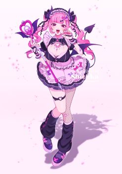 1girl absurdres alternate_costume bandaid bandaid_on_arm bat_wings black_bow black_leg_warmers bow breasts brooch claw_pose cleavage cleavage_cutout clothing_cutout commentary demon_girl demon_horns demon_tail demon_wings face_piercing fingerless_gloves fingernails full_body furrowed_brow gloves hair_between_eyes hair_bow hair_ornament hairclip heart heart-shaped_pupils highres holding holding_wand horns indie_virtual_youtuber ironmouse jewelry large_breasts leg_warmers lip_piercing long_hair looking_at_viewer open_mouth piercing pigeon-toed pink_bow pink_eyes pink_hair pink_nails pointy_ears purple_bow shadow sharp_fingernails simple_background single_fishnet_legwear smile solo standing standing_on_one_leg symbol-only_commentary symbol-shaped_pupils tail thigh_strap twintails usagiboshi_shizuka virtual_youtuber wand white_background wings