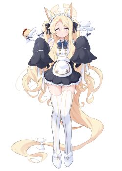 1girl animal_ears blonde_hair blue_archive bow bowtie commentary_request cup hair_ornament halo highres kirisaki_reina long_hair maid maid_headdress seia_(blue_archive) shoes thighhighs tray white_background white_bow white_bowtie yellow_eyes