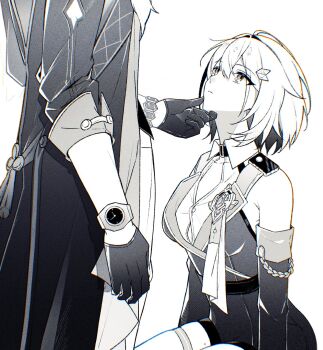 1boy 1girl armlet aventurine_(honkai:_star_rail) belt_collar boooooozzi breasts closed_mouth coat collar commentary expressionless from_side gloves greyscale hair_intakes hair_ornament hand_on_another&#039;s_chin highres honkai:_star_rail honkai_(series) jewelry large_breasts looking_at_another looking_up monochrome seiza shirt short_hair shoulder_strap sitting standing symbol-only_commentary topaz_(honkai:_star_rail) watch wristwatch