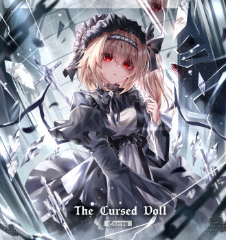 1girl absurdres alternate_costume black_bow black_bowtie black_dress black_hairband blonde_hair bow bowtie broken_glass commentary crystal crystal_wings dress english_commentary english_text flandre_scarlet frilled_hairband frills glass hairband highres holding lolita_hairband long_sleeves looking_at_viewer one_side_up open_mouth red_eyes solo top-exerou touhou white_dress wide_sleeves wings