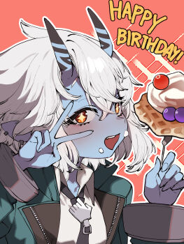 1girl absurdres blue_horns blue_necktie blue_skin cake chroong colored_skin commentary food fork hair_between_eyes happy_birthday highres holding holding_fork horns looking_at_viewer necktie oni open_mouth orange_eyes red_background shirt short_hair solo soukaku_(zenless_zone_zero) sparkling_eyes upper_body v white_hair white_shirt zenless_zone_zero