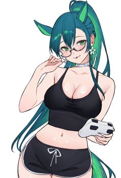Rule 34 | 1girl, :3, :p, animal ears, bare shoulders, bespectacled, black-framed eyewear, black shirt, black shorts, blush, breasts, choker, cleavage, collarbone, commentary, controller, cowboy shot, crop top, dolphin shorts, earrings, english commentary, fingernails, flower earrings, game controller, glasses, green eyes, green hair, grey choker, high ponytail, highres, holding, holding controller, holding game controller, horse ears, horse girl, horse tail, jewelry, kemonomimi mode, large breasts, long hair, looking at viewer, midriff, navel, original, ponytail, qiandaiyiyu, rin (qiandaiyiyu), semi-rimless eyewear, shirt, shorts, simple background, solo, tail, tongue, tongue out, under-rim eyewear, white background