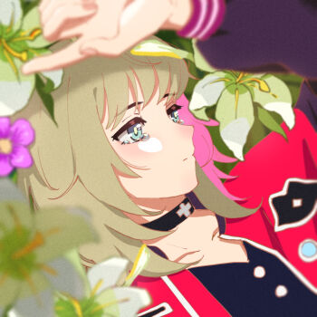 1girl arm_up black_choker black_shirt blue_eyes blurry blurry_foreground choker closed_mouth colored_inner_hair commentary crying crying_with_eyes_open flower hashtag-only_commentary jacket kawai_rika letterman_jacket light_brown_hair lily_(flower) long_sleeves lying medium_hair mixikooo multicolored_hair on_back pink_hair red_jacket shirt solo tears two-tone_hair upper_body wonder_egg_priority