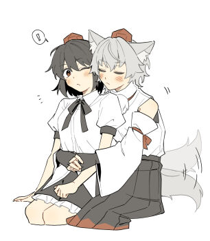 Rule 34 | !, 2girls, animal ears, bare shoulders, black hair, black skirt, blush, closed eyes, closed mouth, commentary request, detached sleeves, hair between eyes, hat, highres, hug, hug from behind, inubashiri momiji, medium hair, multiple girls, one eye closed, red eyes, sakic43899, shameimaru aya, shirt, short sleeves, skirt, tail, tail wagging, tokin hat, touhou, white background, white hair, white shirt, wolf ears, wolf girl, wolf tail