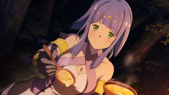 1girl anime_coloring armlet artemis_(danmachi) bare_shoulders black_gloves blue_dress blue_hair blunt_bangs bowl breasts circlet cleavage closed_mouth criss-cross_halter danmachi_battle_chronicle dress dungeon_ni_deai_wo_motomeru_no_wa_machigatteiru_darou_ka feeding food forest game_cg gloves gold_armlet gold_circlet green_eyes halterneck highres holding holding_bowl holding_spoon incoming_food jewelry light_blush long_hair looking_at_viewer medium_breasts nature night non-web_source official_art outdoors sidelocks sleeveless sleeveless_dress smile solo soup spoon two-tone_dress white_dress wooden_bowl wooden_spoon