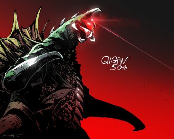 Rule 34 | alien, anniversary, artist name, beak, black background, buzzsaw (tool), character name, cyborg, directed-energy weapon, energy, energy beam, energy weapon, english text, gem on head, giant, giant monster, gigan, glowing, glowing eyes, godzilla (series), godzilla vs. gigan, highres, hook hand, horns, kaiju, kent (innuendo666), laser, laser weapon, mandibles, monster, no humans, one-eyed, open mouth, red background, red eyes, simple background, single horn, space monster, spikes, toho, two-tone background, wings