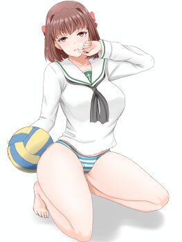 1girl absurdres ball barefoot black_neckerchief blush bow breasts brown_eyes brown_hair collarbone commentary english_commentary full_body girls_und_panzer gomi_ningen_(81848656) hair_bow hair_ribbon hand_on_own_face highres kneeling kondou_taeko large_breasts long_sleeves looking_at_viewer medium_hair neckerchief no_pants ooarai_school_uniform panties red_bow ribbon sailor_collar school_uniform serafuku shirt short_hair simple_background solo striped_clothes striped_panties thighs underwear volleyball_(object) white_background white_shirt