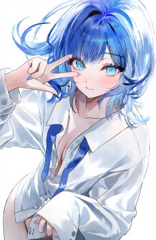 1girl absurdres blue_eyes blue_hair blue_nails blue_necktie blush bottomless breasts closed_mouth collarbone commentary cowboy_shot fingernails hand_up highres long_fingernails looking_at_viewer medium_hair muaooooo naked_shirt necktie original partially_unbuttoned shirt simple_background sleeves_past_wrists small_breasts solo undone_necktie white_background white_shirt