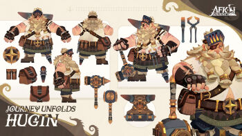 1boy afk_(series) afk_journey anvil apron beard belt belt_pouch blacksmith blacksmith_tongs blue_pants boots braid braided_beard brown_apron brown_belt brown_eyes brown_footwear brown_gloves character_name chest_harness closed_mouth commentary copyright_name dwarf ear_piercing english_commentary eyepatch facial_hair fat fat_man fingerless_gloves fold-over_boots from_behind gloves hammer hand_on_own_hip harness highres holding holding_hammer hugin_(afk) long_beard long_hair looking_at_viewer male_focus multiple_views mustache navel o-ring o-ring_harness official_art one_eye_covered pants patchwork_clothes peg_leg piercing pouch profile scar scar_across_eye scar_on_arm scar_on_face shirt turnaround v-shaped_eyebrows visor_lift waist_apron white_hair white_shirt