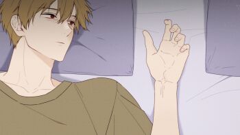 1boy alternate_eye_color blonde_hair brown_shirt chainsaw_man closed_mouth denji_(chainsaw_man) fingernails highres lying male_focus on_back on_bed palms pillow red_eyes ryu_miryu shirt short_hair solo