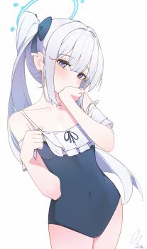 Rule 34 | 1girl, absurdres, alternate hairstyle, blue archive, blue halo, blue one-piece swimsuit, casual one-piece swimsuit, covering own mouth, frilled one-piece swimsuit, frills, grey hair, halo, highres, long hair, looking at viewer, miyako (blue archive), miyako (swimsuit) (blue archive), mizo, off-shoulder one-piece swimsuit, off shoulder, official alternate costume, one-piece swimsuit, purple eyes, side ponytail, solo, swimsuit, two-tone one-piece swimsuit