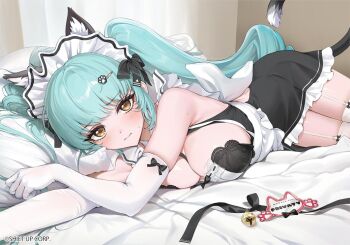 1girl ame_(uten_cancel) animal_ears aqua_hair bare_shoulders blush breasts cat_ears cat_tail closed_mouth commentary_request elbow_gloves garter_straps gloves goddess_of_victory:_nikke indoors large_breasts long_hair looking_at_viewer lying maid official_alternate_costume on_side privaty_(nikke) privaty_(unkind_maid)_(nikke) solo tail thighhighs twintails white_garter_straps white_gloves white_thighhighs yellow_eyes