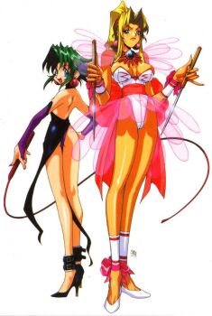 1990s_(style) 2girls age_difference ass bare_back bare_shoulders breasts cleavage cosplay dress ellis_(toushinden) bad_tag high_heels knife kotobuki_tsukasa leotard multiple_girls official_art retro_artstyle size_difference sofia sofia_(toushinden) takara tamsoft toushinden whip