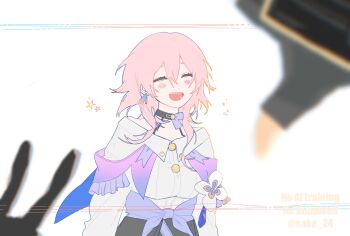 1boy 2girls ^_^ blush breasts buttons choker closed_eyes commentary dan_heng_(honkai:_star_rail) earrings flower hair_between_eyes highres honkai:_star_rail honkai_(series) jacket jewelry march_7th_(honkai:_star_rail) march_7th_(preservation)_(honkai:_star_rail) medium_breasts medium_hair multicolored_jacket multiple_girls off_shoulder pink_hair sake_24 shirt simple_background single_earring smile solo_focus sparkle stelle_(honkai:_star_rail) trailblazer_(honkai:_star_rail) two-tone_jacket upper_body watermark