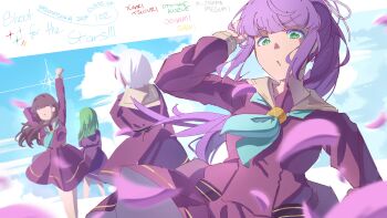 4girls absurdres aqua_neckerchief blue_sky brown_dress brown_hair character_name cloud commentary day dress dutch_angle english_commentary english_text falling_petals fujishima_megumi green_eyes green_hair hasu_no_sora_school_uniform highres link!_like!_love_live! long_sleeves love_live! multiple_girls neckerchief official_alternate_hairstyle ogami_sachi on_your_mark_(love_live!) otomune_kozue parted_lips petals piririi pleated_dress purple_hair red_streaks sailor_collar sailor_dress school_uniform sidelocks sky solo_focus star_(symbol) virtual_youtuber white_hair white_sailor_collar winter_uniform yugiri_tsuzuri