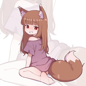 Rule 34 | 1girl, animal ear fluff, animal ears, ass, barefoot, brown hair, feet, from behind, grin, highres, holo, long hair, looking back, no panties, off shoulder, orenjipiiru, purple shirt, red eyes, shirt, short sleeves, sitting, smile, soles, solo, spice and wolf, tail, thighs, toes, wolf ears, wolf girl, wolf tail