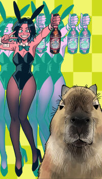 Rule 34 | 1girl, absurdres, animal ears, beer bottle, black hair, black leotard, black shoes, blush, bottle, bow, bowtie, breasts, brown pantyhose, capybara, checkered background, cleavage, commentary request, fake animal ears, fangs, freckles, green bow, green bowtie, green eyes, grin, high heels, highres, holding, holding bottle, korean commentary, large breasts, leotard, looking at viewer, margare, open mouth, original, pantyhose, playboy bunny, shoes, short hair, smile, solo, teeth, v, yellow background