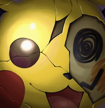 Rule 34 | :d, broken mask, commentary, cosplay, cracked kawaii mask, cracked mask, crazy eyes, english commentary, ertdoesart, gen 1 pokemon, gen 7 pokemon, highres, looking at viewer, mask, mimikyu, mismatched eyes, nintendo, no humans, open mouth, pikachu, pikachu (cosplay), pokemon, pokemon (creature), shiny skin, smile, solo
