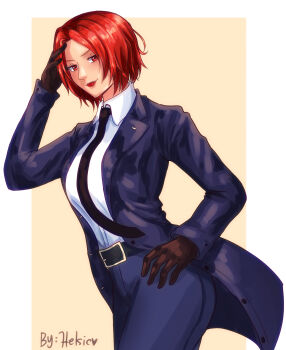 1girl ass breasts formal_clothes gloves helsic huge_ass large_breasts pale_skin pants red_eyes red_hair shirt short_hair standing suit the_king_of_fighters thick_thighs thighs vanessa_(kof) white_shirt