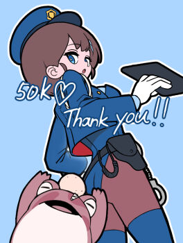 1girl 1other arimoto_wataru bed belt blue_eyes blue_shirt blush blush_stickers bollard braid breasts brown_hair cuffs female_service_cap frog hair_ornament hairclip handcuffs hat highleg highres holster interrogation jacket medium_breasts motor_vehicle necktie open_clothes open_jacket original peaked_cap playboy_bunny police police_badge police_hat police_uniform policewoman questioning shirt short_hair shoulder_holster simple_background smoke speech_bubble thighhighs walkie-talkie