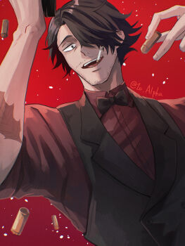 1boy absurdres arm_tattoo beard_stubble black_eyes black_hair black_vest bow bowtie bullet cigarette facial_hair hair_over_one_eye highres hiiro_gekka holding holding_bullet mature_male mouth_hold mustache_stubble red_background red_shirt sanda_(itagaki_paru) shell_casing shirt simple_background solo stubble tattoo traditional_bowtie vest yagyuda_saburou