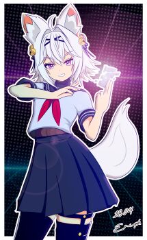 Rule 34 | 1girl, absurdres, ahoge, animal ear fluff, animal ears, bell, black ribbon, black thighhighs, blue sailor collar, blue skirt, border, card, cat ears, cat girl, cat tail, collared shirt, cowboy shot, dated, eriqk, eyelashes, filian (vtuber), glowing, hair bell, hair intakes, hair ornament, hair ribbon, highres, holding, holding card, indie virtual youtuber, neckerchief, outline, purple eyes, red neckerchief, ribbon, rindo (vrchat), sailor collar, school uniform, second-party source, serafuku, shirt, short sleeves, signature, skirt, smile, solo, tail, teeth, thigh strap, thighhighs, virtual youtuber, white border, white hair, white outline, white shirt