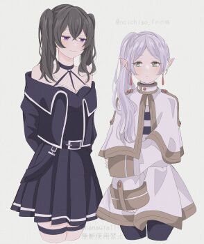 2girls alternate_hairstyle arms_behind_back black_choker black_dress black_pantyhose breasts capelet choker cleavage commentary_request cropped_legs dress earrings frieren green_eyes green_hair grey_hair hairstyle_switch halterneck hana_(hanauta1110) highres jewelry medium_breasts multiple_girls pantyhose pointy_ears purple_hair side_ponytail skirt sleeves_past_wrists smile sousou_no_frieren teardrop_earrings thigh_strap twintails twitter_username ubel_(sousou_no_frieren) watermark white_capelet white_skirt