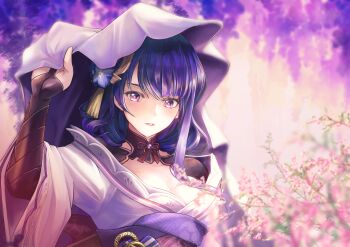 1girl absurdres azamatsu back_bow blue_pupils blunt_bangs blurry blush bow breasts bridal_gauntlets cleavage clothing_cutout commentary depth_of_field flower genshin_impact hair_ornament hand_up head_tilt highres japanese_clothes kimono large_breasts long_hair looking_at_viewer multicolored_eyes multicolored_hair neck_ribbon off_shoulder open_mouth outdoors purple_eyes purple_hair purple_kimono raiden_shogun red_ribbon red_sash ribbon sash shade shoulder_cutout solo standing upper_body veil wisteria