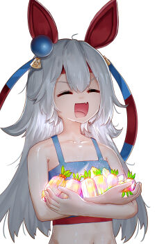 Rule 34 | 1girl, absurdres, advarcher, animal ears, bare shoulders, blue hairband, blue sports bra, breasts, carat (umamusume), closed eyes, collarbone, commentary, crop top, ear covers, english commentary, fang, grey hair, hair between eyes, hairband, headband, highres, horse ears, horse girl, long hair, midriff, multicolored hairband, navel, open mouth, red headband, simple background, small breasts, smile, sports bra, striped clothes, striped hairband, tamamo cross (umamusume), two-tone hairband, umamusume, very long hair, white background