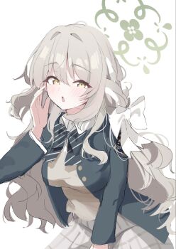 1girl amai2d black_bow blazer blue_archive blush bow bowtie braid breasts collared_shirt commentary_request grey_hair grey_skirt halo highres jacket large_breasts long_hair long_sleeves looking_at_viewer miyo_(blue_archive) open_mouth plaid_clothes plaid_skirt pleated_skirt school_uniform shirt simple_background skirt solo striped_clothes white_background white_bow white_shirt yellow_eyes