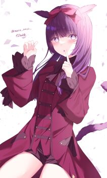 1girl :o absurdres animal_ear_piercing animal_ears black_shorts blush bow cat_ears cat_girl cat_tail coat commentary_request cowboy_shot facial_mark final_fantasy final_fantasy_xiv hair_bow hands_up highres index_finger_raised long_hair long_sleeves looking_at_viewer maria_0422 miqo&#039;te parted_lips purple_eyes purple_hair red_bow red_coat shorts signature simple_background solo standing tail twitter_username whisker_markings white_background