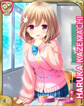1girl :d blue_skirt blush brown_hair card_(medium) character_name classroom cowboy_shot desk girlfriend_(kari) indoors kazemachi_haruka long_sleeves looking_at_viewer lunch official_art open_mouth pink_eyes plaid_clothes plaid_skirt qp:flapper school_desk school_uniform short_hair skirt smile solo standing tareme treble_clef