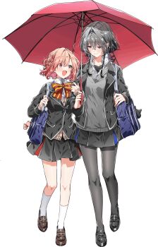 2girls asanagi_yori bag bag_charm black_hair black_jacket black_pantyhose black_shirt black_shoes black_skirt blazer blue_bag blue_eyes blush bow bowtie braid brown_cardigan brown_shoes cardigan charm_(object) closed_mouth color_banding comic_yuri_hime grey_sweater hair_between_eyes hair_intakes half_up_braid highres holding holding_umbrella jacket kino_himari loafers locked_arms long_hair long_sleeves medium_hair multiple_girls official_art open_clothes open_jacket open_mouth orange_hair pantyhose pleated_skirt red_bow red_bowtie red_umbrella sasayaku_you_ni_koi_wo_utau school_bag shirt shoes shoulder_bag skirt socks sweater takeshima_eku transparent_background umbrella undershirt white_shirt white_socks